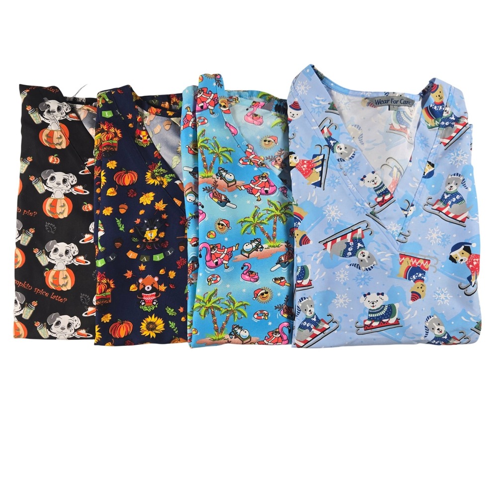 Lot of 4 Women's Large Holiday Christmas Halloween Scrub Tops Nurse Vet Medical